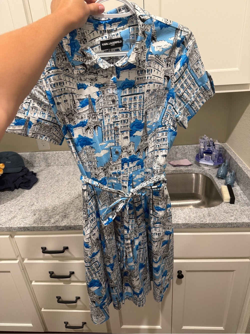 Karl Lagerfeld Blue & White Printed Midi Shirt Dress with Tie Waist - Picture 2 of 5